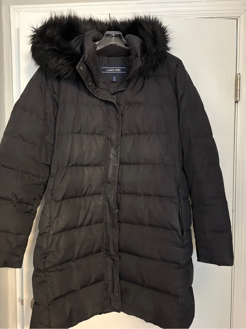 Lands' End Women's Black Puffer Coat with Removable faux -Fur Hood